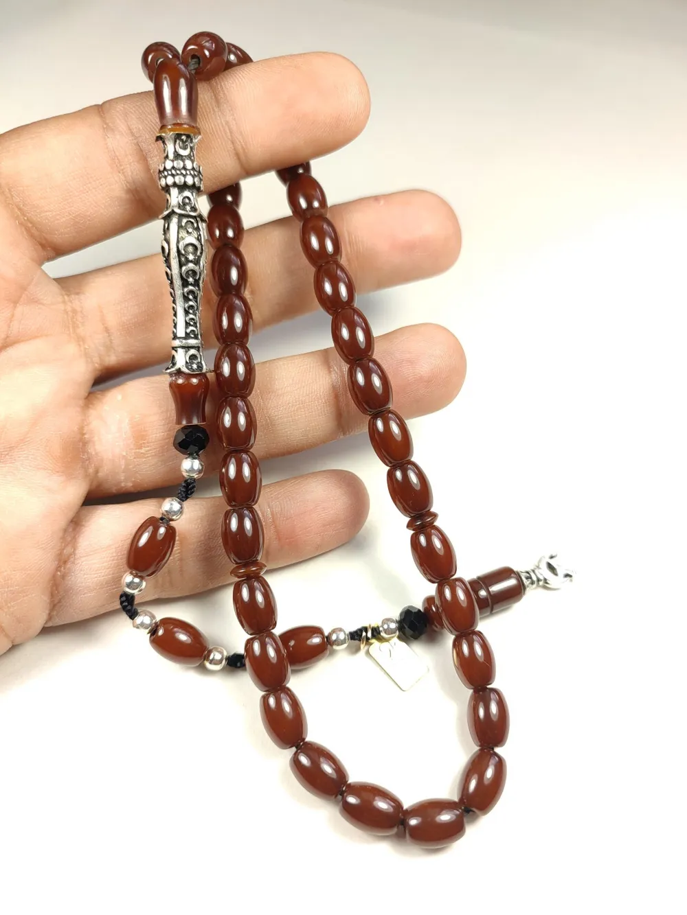 Zeyn Usta İmzalı 925 Ayar Nakkaş İmame Ayyıldız Moti̇fli̇ Hi̇tame Sıkma Kehri̇bar küçük resim 4