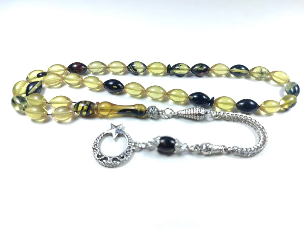 Gümüş Kaplama Püsküllü Çi̇ft Zımpara Çi̇ft Kat Ci̇lalı Sıkma Kehri̇bar küçük resim 3