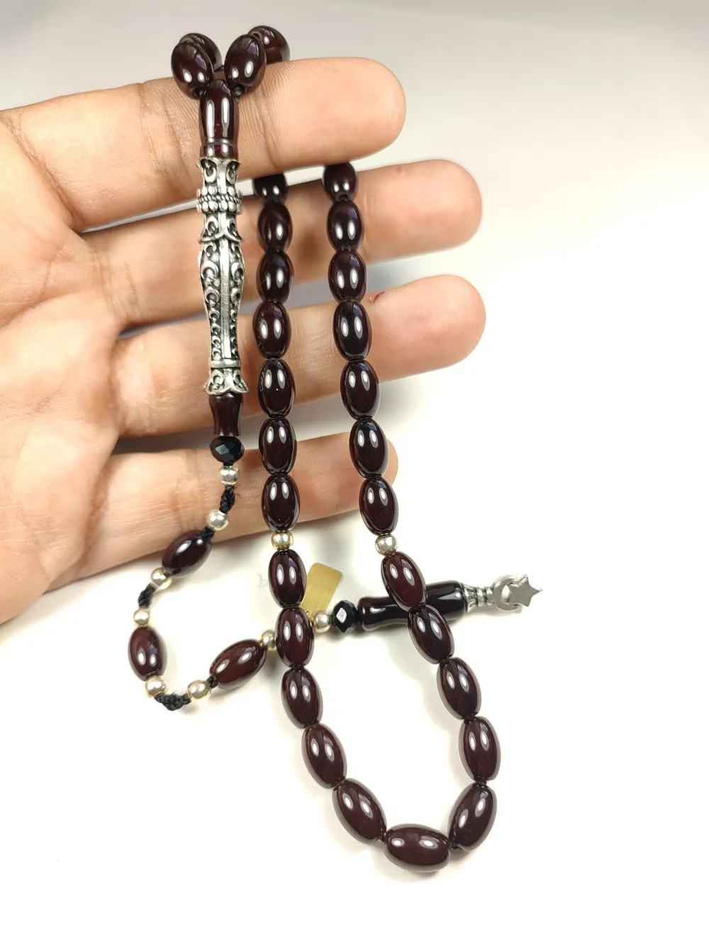 Zeyn Usta İmzalı 925 Ayar Nakkaş İmame Ayyıldız Moti̇fli̇ Hi̇tame Sıkma Kehri̇bar küçük resim 4