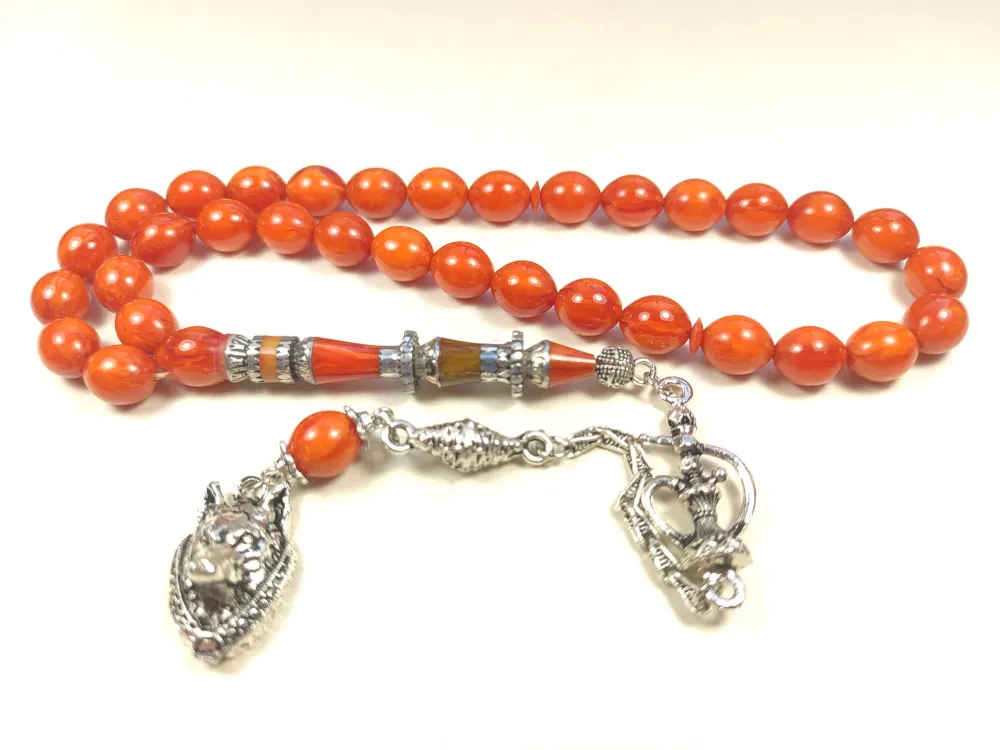 Nargi̇le Ve Kurt Başlı Püsküllü 925 Ayar Gümüş Nakkaş Sıkma Kehri̇bar küçük resim 3