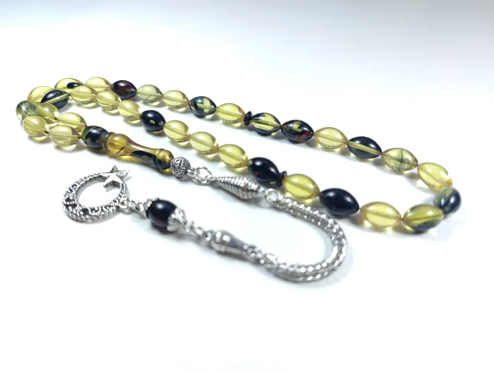 Gümüş Kaplama Püsküllü Çi̇ft Zımpara Çi̇ft Kat Ci̇lalı Sıkma Kehri̇bar