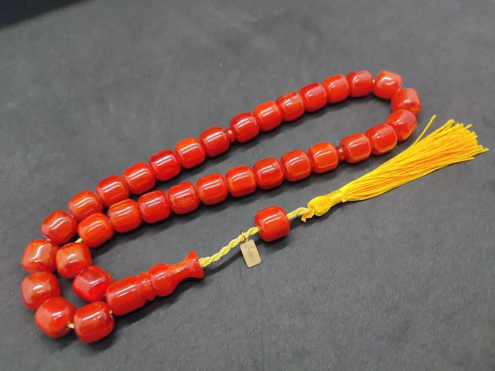 Ebu Zeyn Usta Eseri̇ İmzalı İri̇ Boy 12 Kat İpe Di̇zi̇li̇ Eski̇ Usul Sıkma Kehri̇bar küçük resim 2