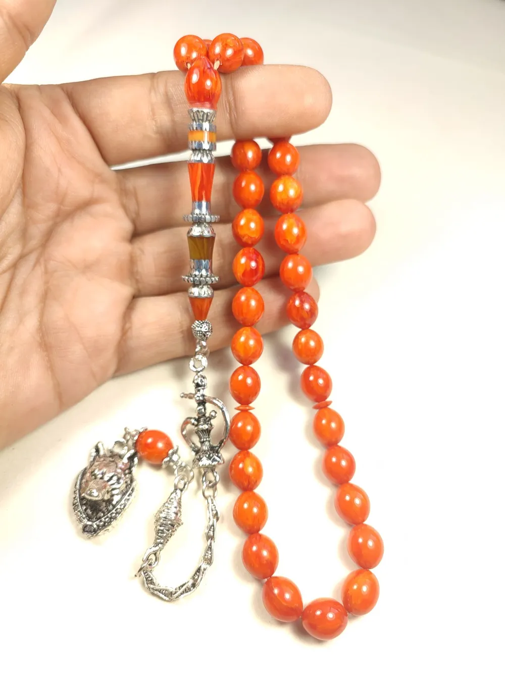 Nargi̇le Ve Kurt Başlı Püsküllü 925 Ayar Gümüş Nakkaş Sıkma Kehri̇bar küçük resim 4