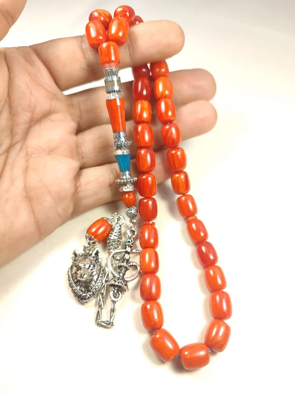 Nargi̇le Ve Kurt Başlı Püsküllü 925 Ayar Gümüş Nakkaş Sıkma Kehri̇bar küçük resim 4