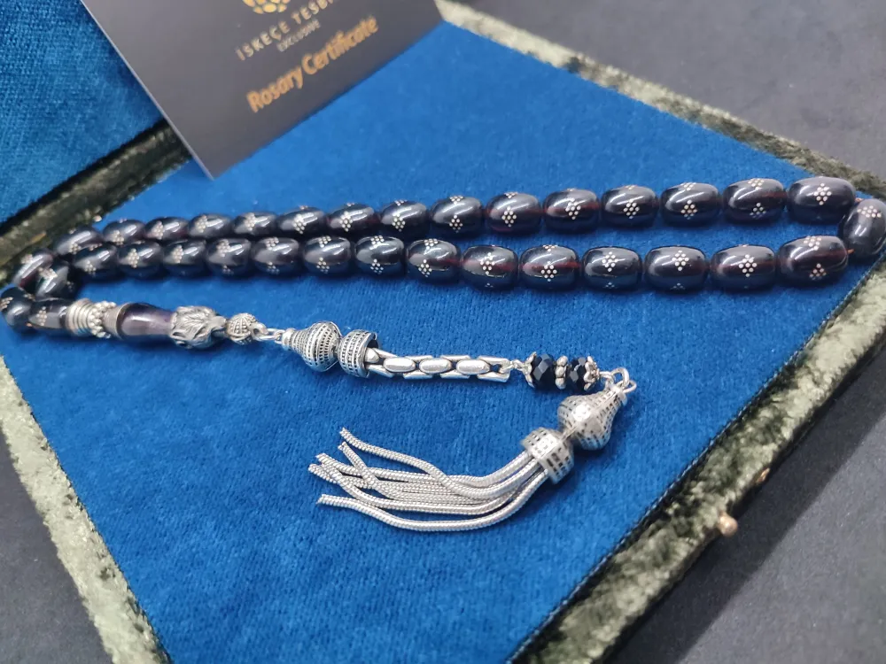 Kurt Başlı Nakkaş 925 Ayar Gümüş Çakımlı 475 Ayar Gümüş Püsküllü Ateş-İ Kehri̇bar küçük resim 3