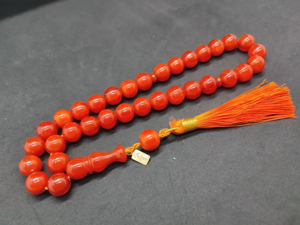 Ebu Zeyn Usta Eseri̇ İmzalı İri̇ Boy 12 Kat İpe Di̇zi̇li̇ Eski̇ Usul Sıkma Kehri̇bar küçük resim 2