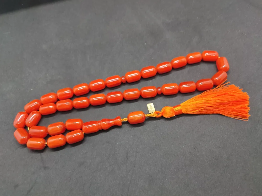 Ebu Zeyn Usta Eseri̇ İmzalı İri̇ Boy 12 Kat İpe Di̇zi̇li̇ Eski̇ Usul Sıkma Kehri̇bar küçük resim 2