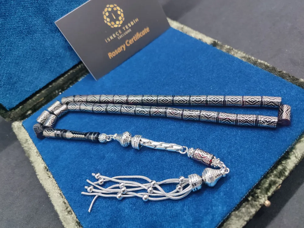 925 Ayar Yoğun Gümüş Çakımlı 475 Ayar Gümüş Püsküllü Sıkma Kehri̇bar küçük resim 2