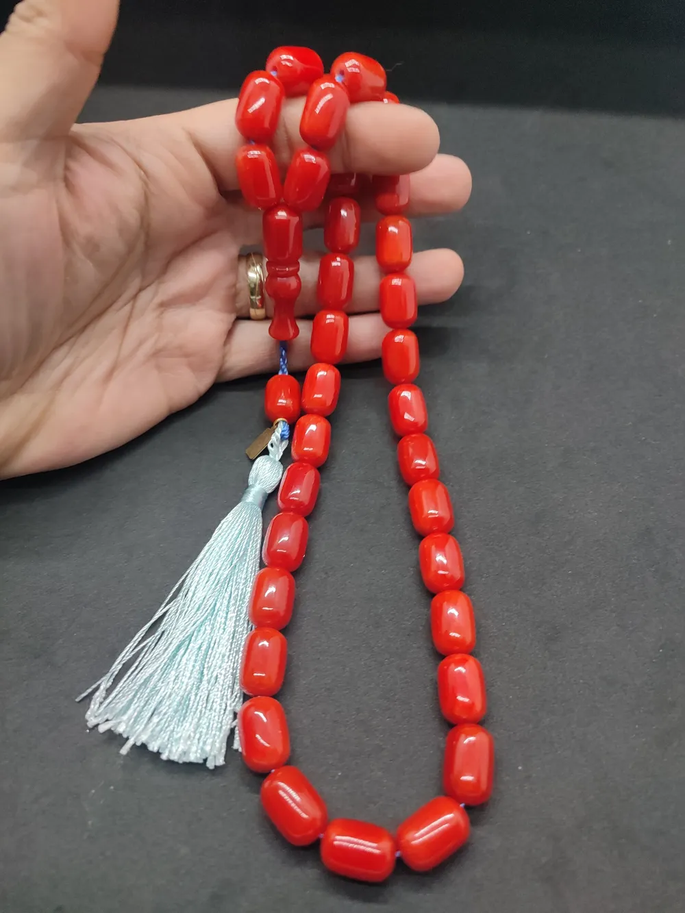 Ebu Zeyn Usta Eseri̇ İmzalı İri̇ Boy 12 Kat İpe Di̇zi̇li̇ Eski̇ Usul Sıkma Kehri̇bar küçük resim 4