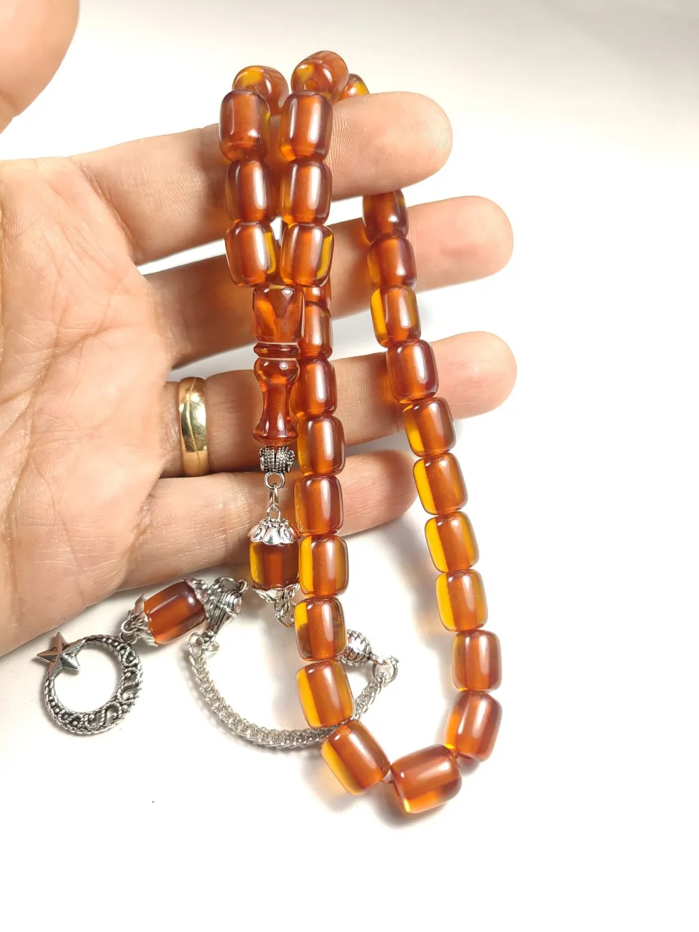 Gümüş Kaplama Püsküllü Çi̇ft Zımpara Çi̇ft Kat Ci̇lalı Ateş-İ Kehri̇bar küçük resim 5