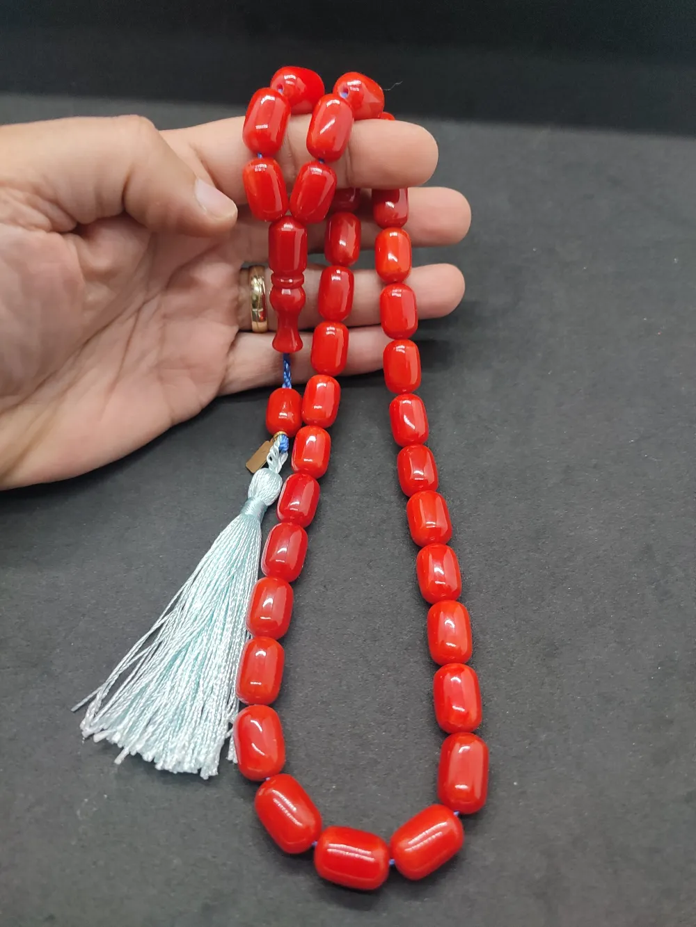 Ebu Zeyn Usta Eseri̇ İmzalı İri̇ Boy 12 Kat İpe Di̇zi̇li̇ Eski̇ Usul Sıkma Kehri̇bar küçük resim 5