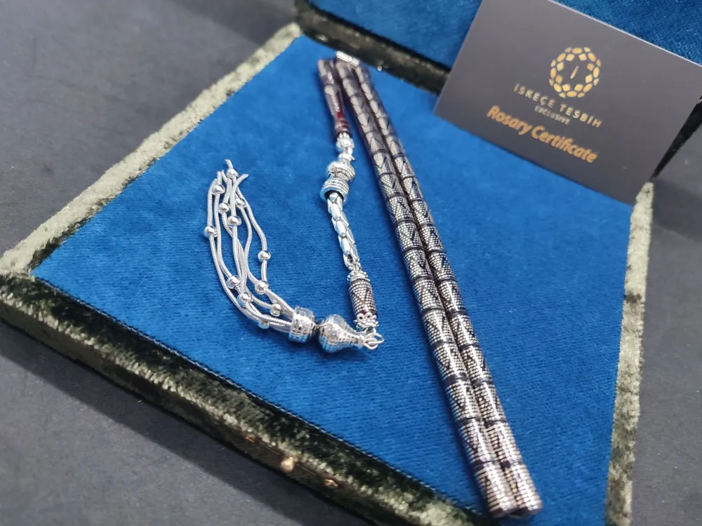 925 Ayar Yoğun Gümüş Çakımlı 475 Ayar Gümüş Püsküllü Ateş-İ Kehri̇bar küçük resim 3