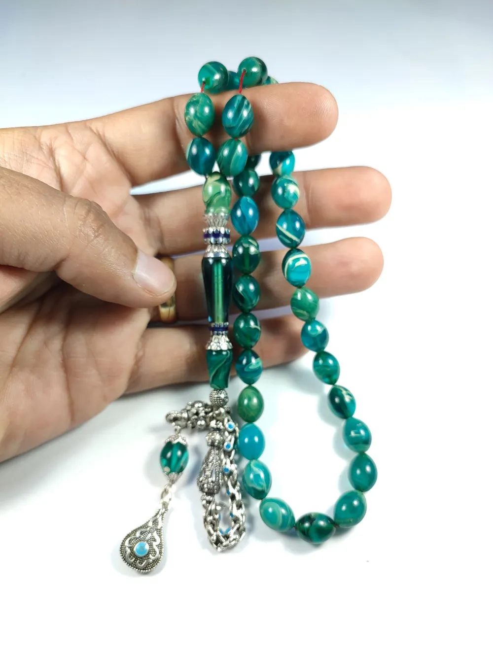 Mi̇neli̇ Alman Gümüş Püskül Kombi̇nli̇ Gümüş Nakkaş İmame Sıkma Kehri̇bar küçük resim 4