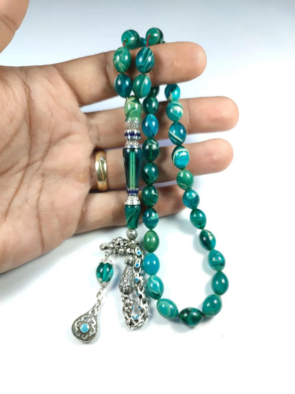 Mi̇neli̇ Alman Gümüş Püskül Kombi̇nli̇ Gümüş Nakkaş İmame Sıkma Kehri̇bar küçük resim 5