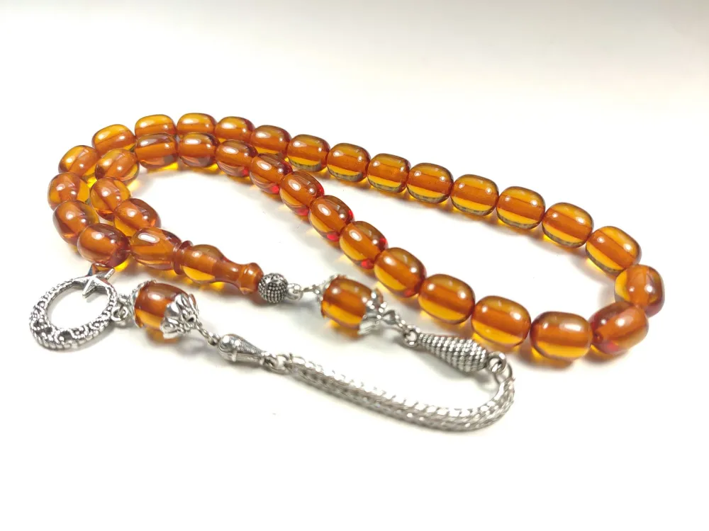 Gümüş Kaplama Püsküllü Çi̇ft Zımpara Çi̇ft Kat Ci̇lalı Ateş-İ Kehri̇bar