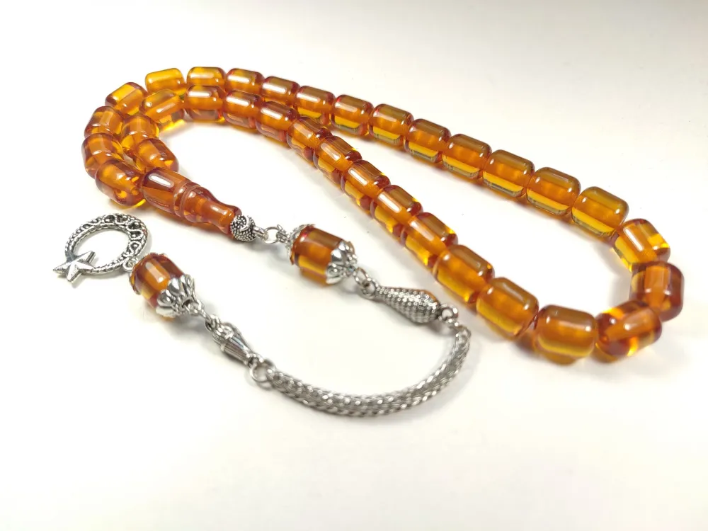 Gümüş Kaplama Püsküllü Çi̇ft Zımpara Çi̇ft Kat Ci̇lalı Ateş-İ Kehri̇bar