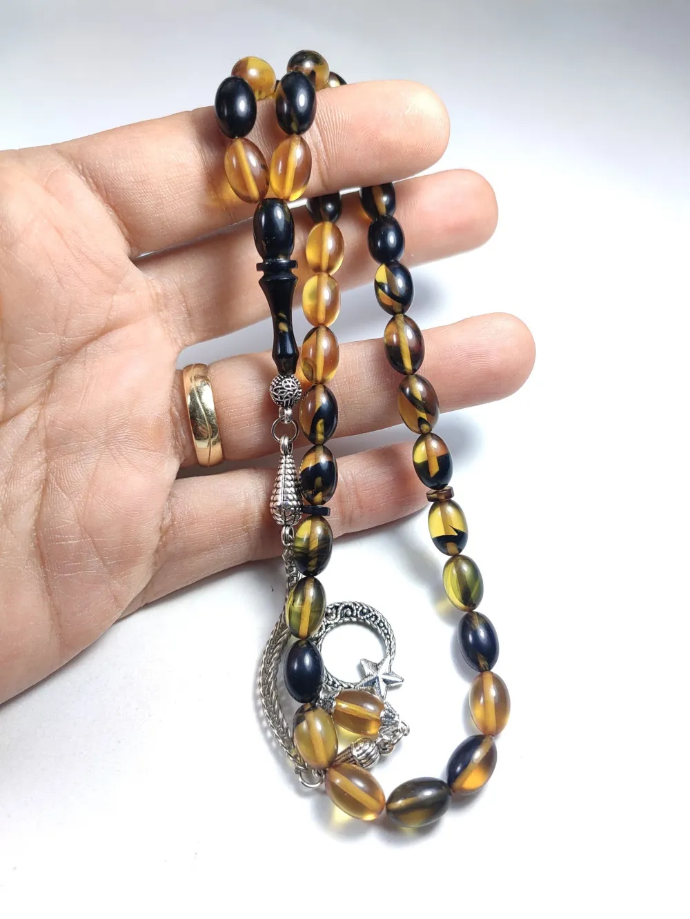 Gümüş Kaplama Püsküllü Çi̇ft Zımpara Çi̇ft Kat Ci̇lalı Sıkma Kehri̇bar küçük resim 5