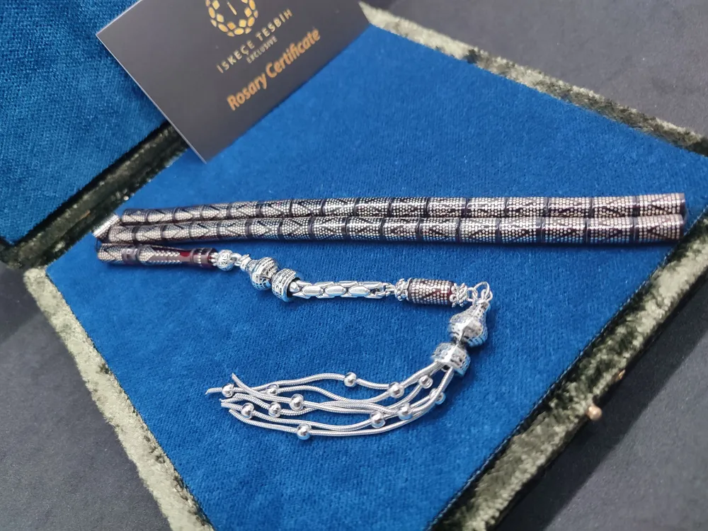 925 Ayar Yoğun Gümüş Çakımlı 475 Ayar Gümüş Püsküllü Ateş-İ Kehri̇bar küçük resim 2