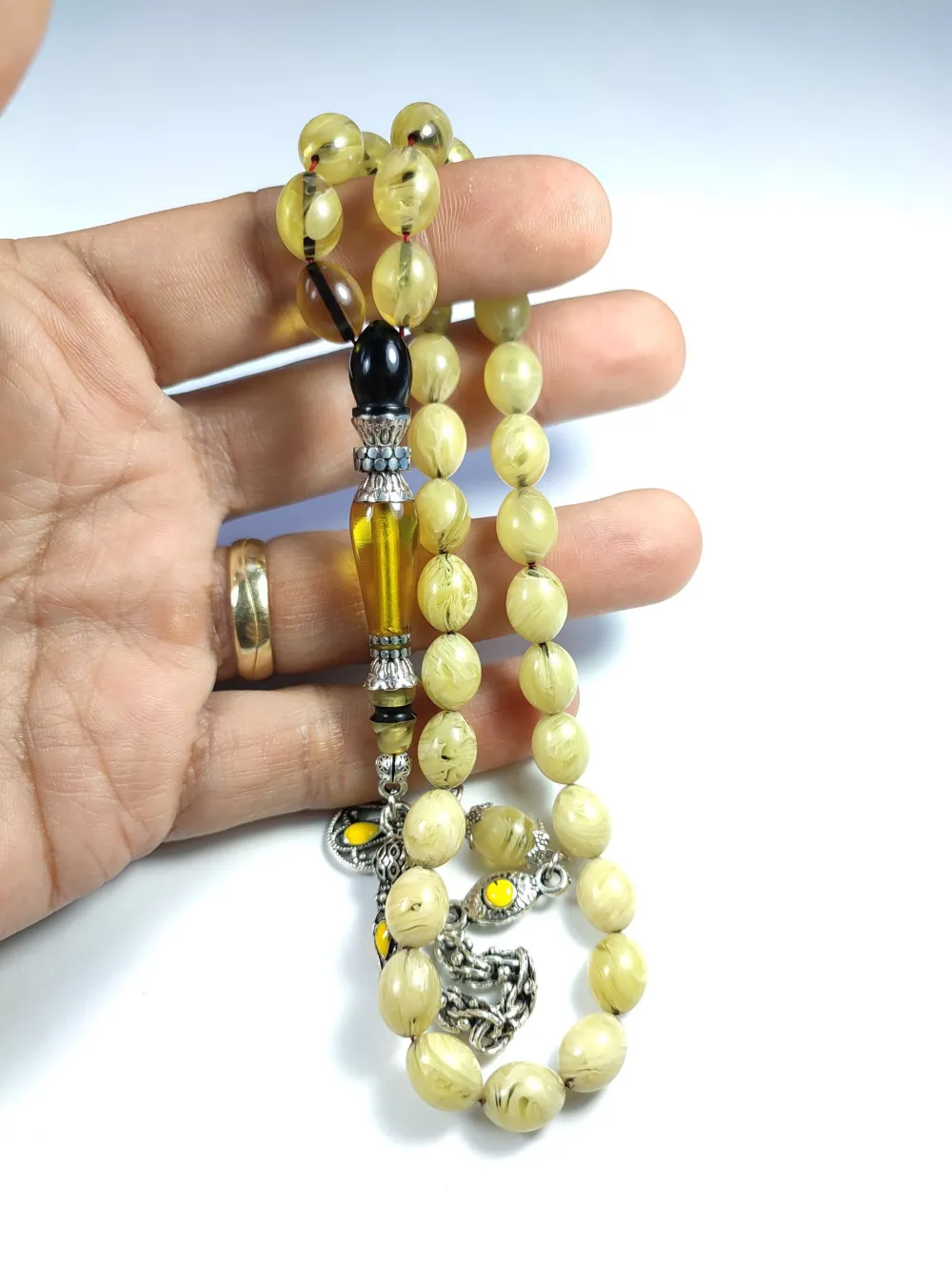 Mi̇neli̇ Alman Gümüş Püskül Kombi̇nli̇ Gümüş Nakkaş İmame Sıkma Kehri̇bar küçük resim 5