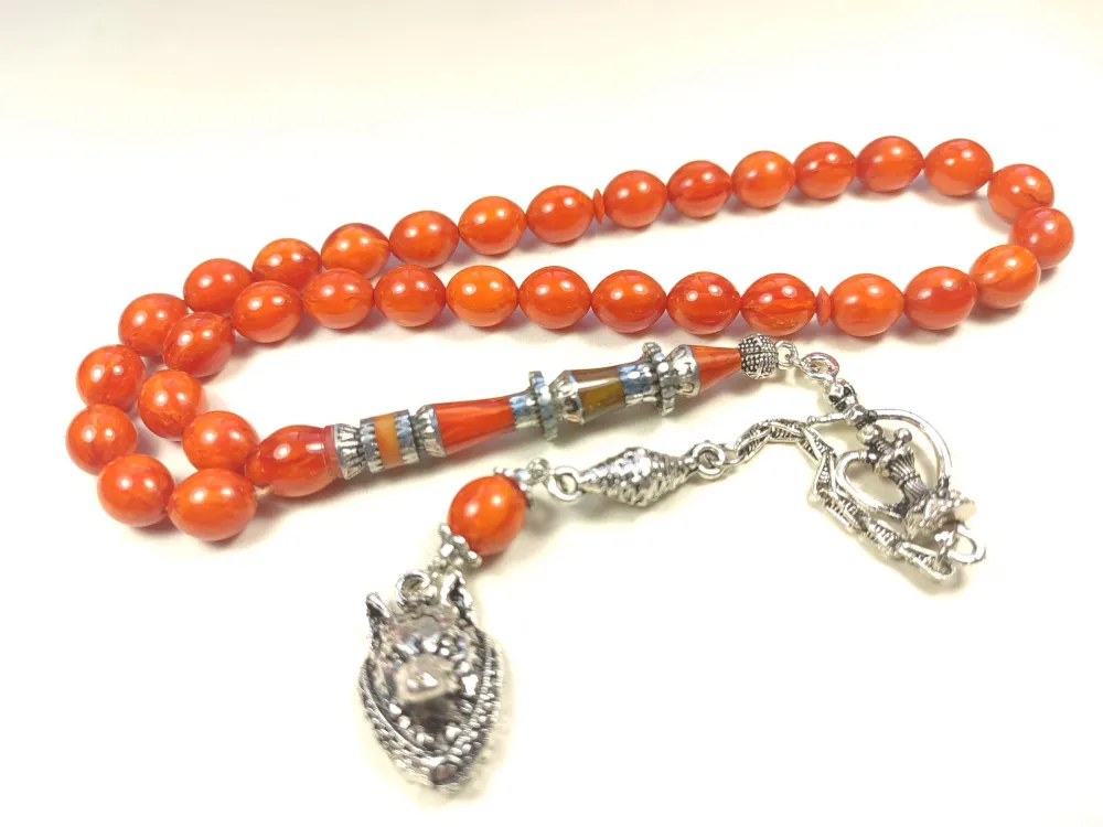 Nargi̇le Ve Kurt Başlı Püsküllü 925 Ayar Gümüş Nakkaş Sıkma Kehri̇bar küçük resim 2