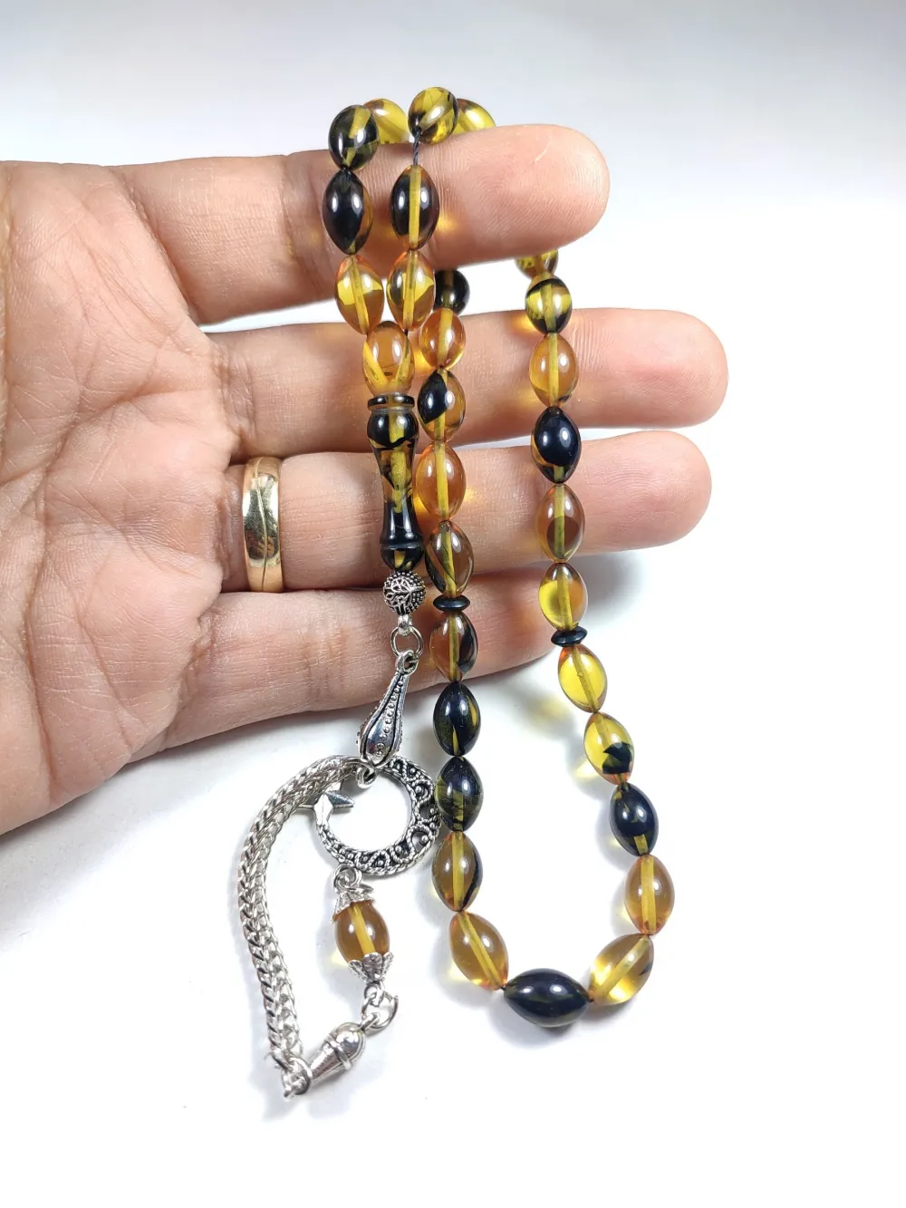 Gümüş Kaplama Püsküllü Çi̇ft Zımpara Çi̇ft Kat Ci̇lalı Sıkma Kehri̇bar küçük resim 4