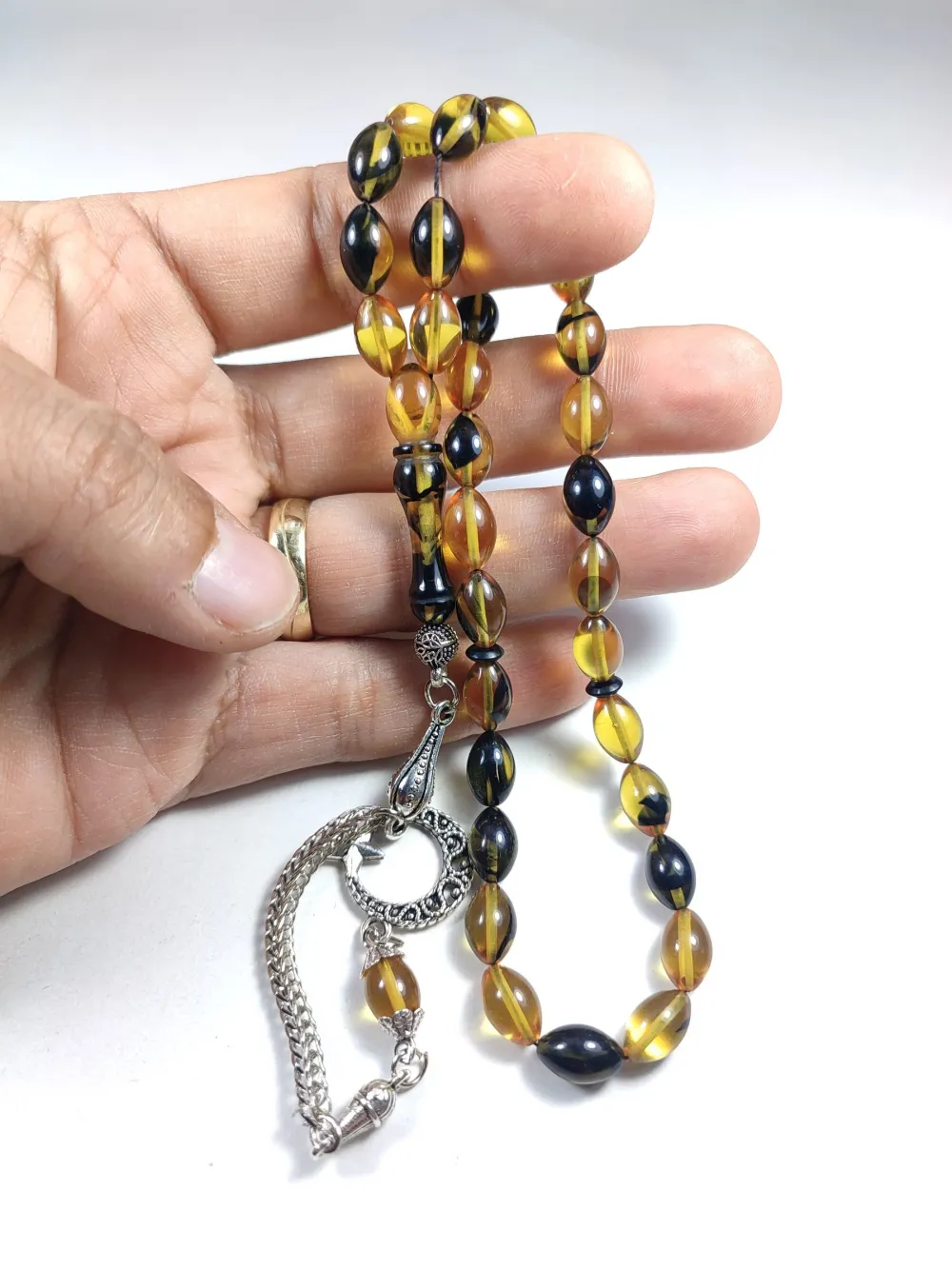 Gümüş Kaplama Püsküllü Çi̇ft Zımpara Çi̇ft Kat Ci̇lalı Sıkma Kehri̇bar küçük resim 5