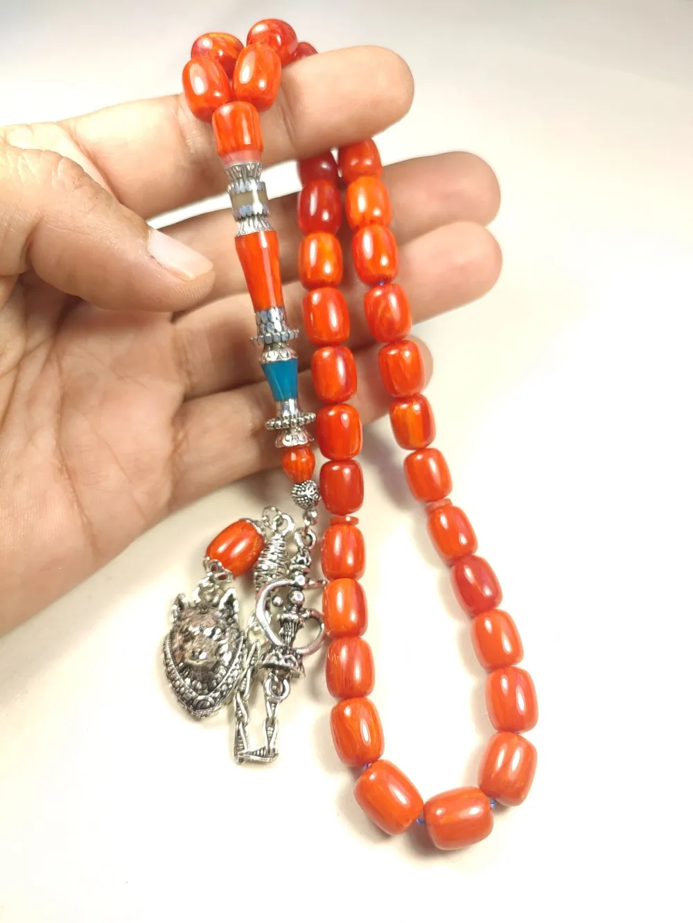 Nargi̇le Ve Kurt Başlı Püsküllü 925 Ayar Gümüş Nakkaş Sıkma Kehri̇bar küçük resim 5