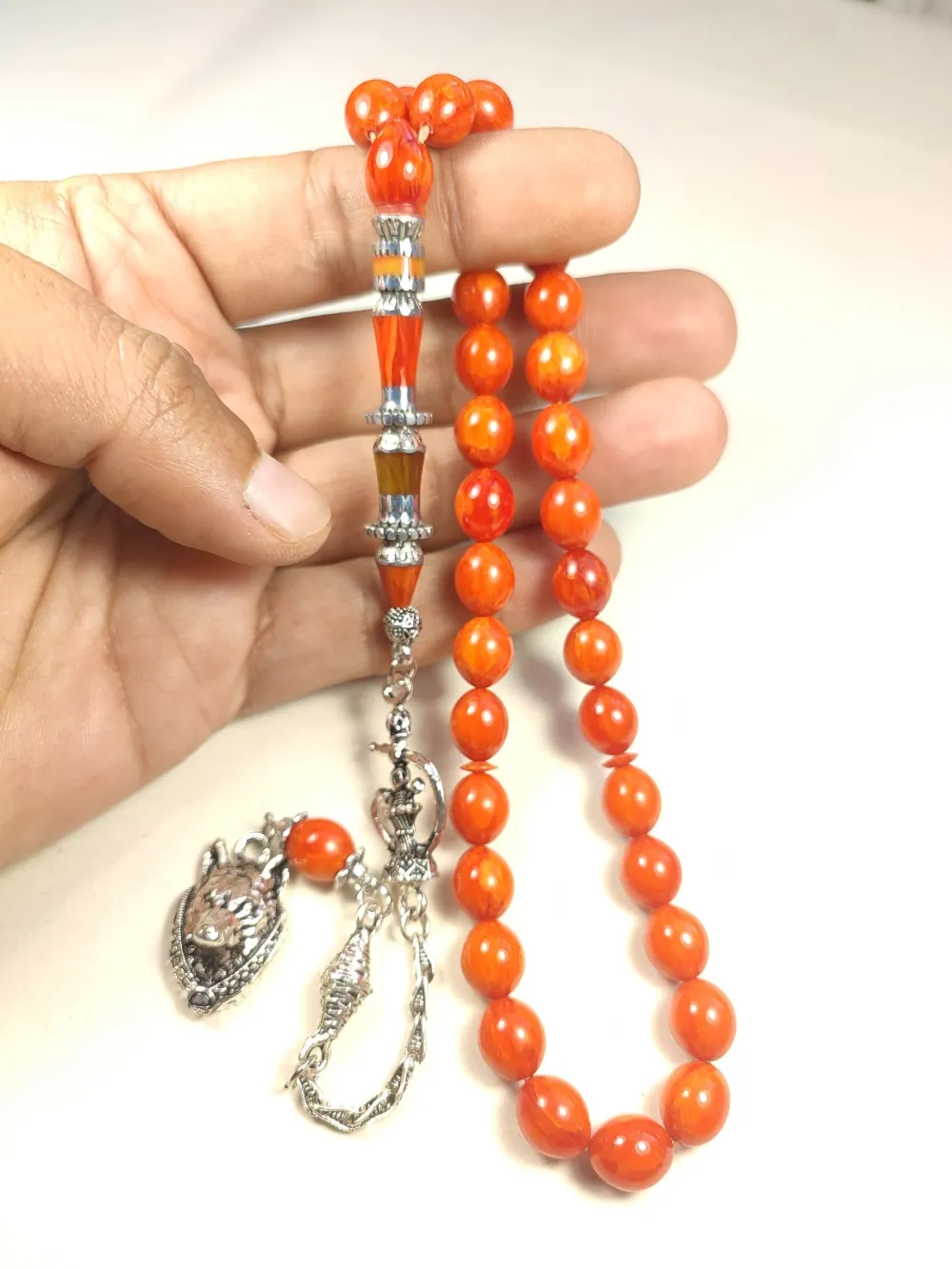 Nargi̇le Ve Kurt Başlı Püsküllü 925 Ayar Gümüş Nakkaş Sıkma Kehri̇bar küçük resim 5