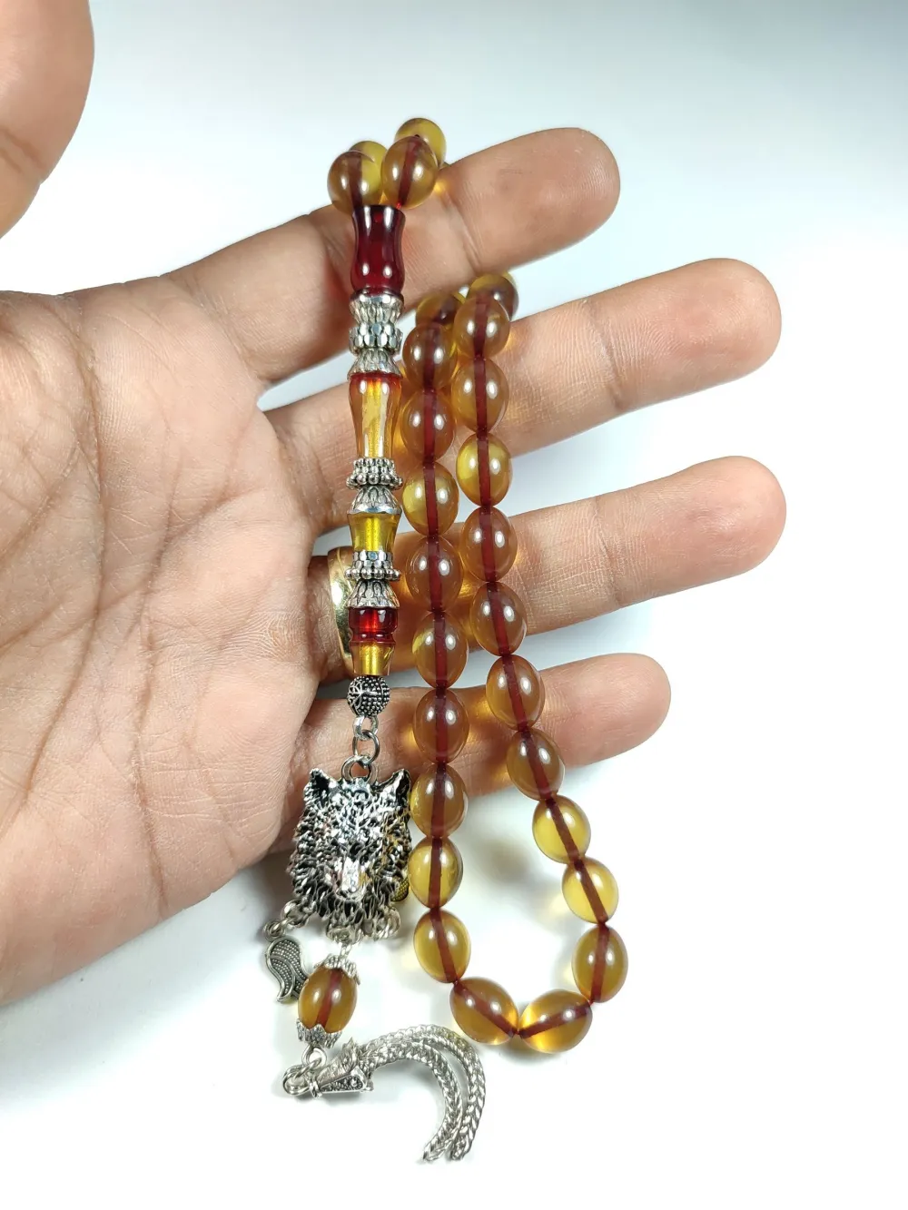 Kurt Başlı Alman Gümüş Püskül Kombi̇nli̇ Gümüş Nakkaş İmame Sıkma Kehri̇bar küçük resim 4