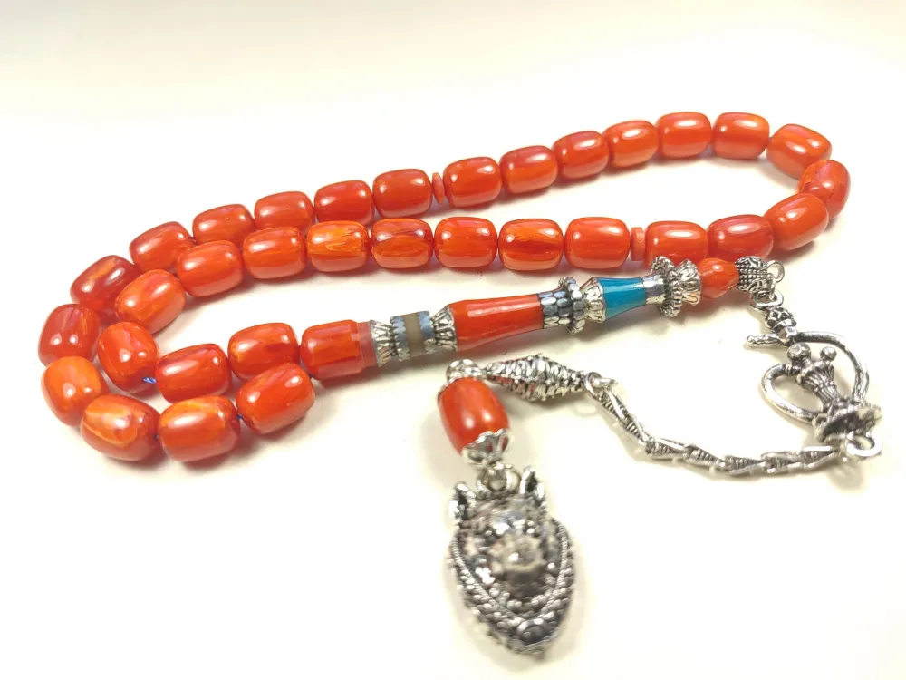 Nargi̇le Ve Kurt Başlı Püsküllü 925 Ayar Gümüş Nakkaş Sıkma Kehri̇bar küçük resim 2