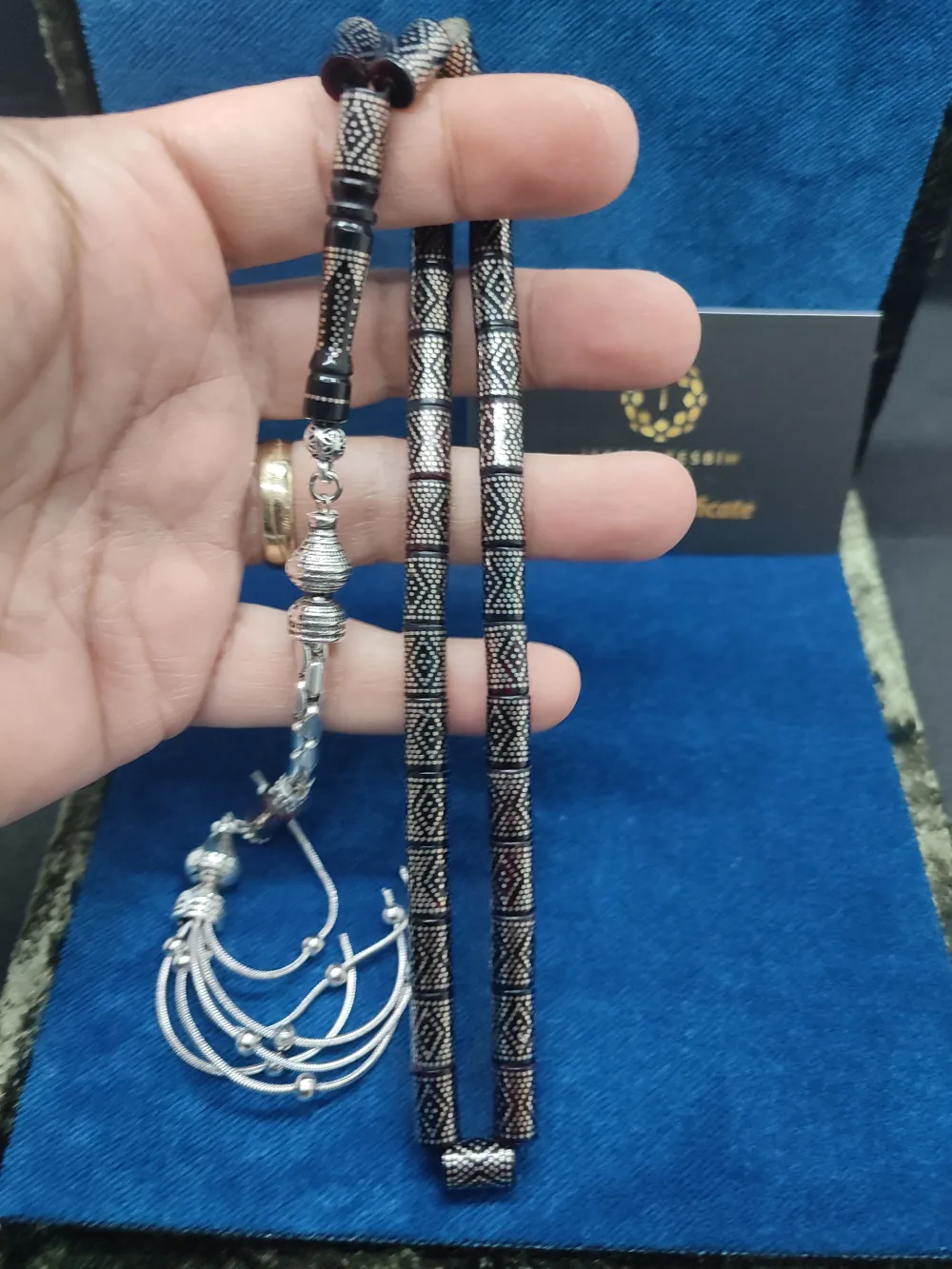 925 Ayar Yoğun Gümüş Çakımlı 475 Ayar Gümüş Püsküllü Sıkma Kehri̇bar küçük resim 5