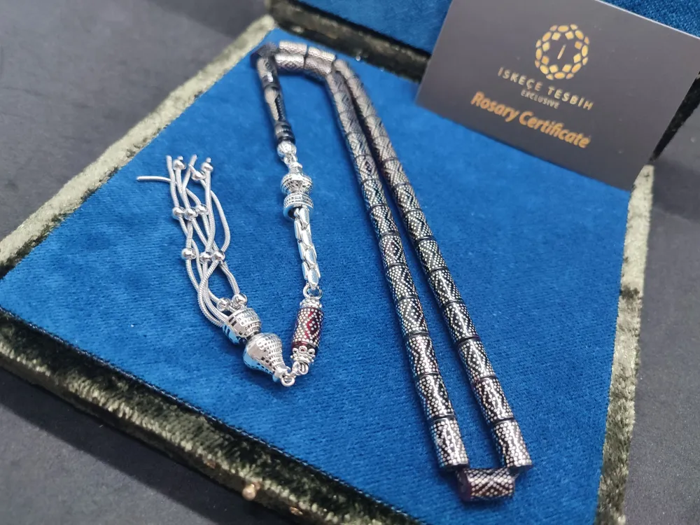 925 Ayar Yoğun Gümüş Çakımlı 475 Ayar Gümüş Püsküllü Sıkma Kehri̇bar küçük resim 3