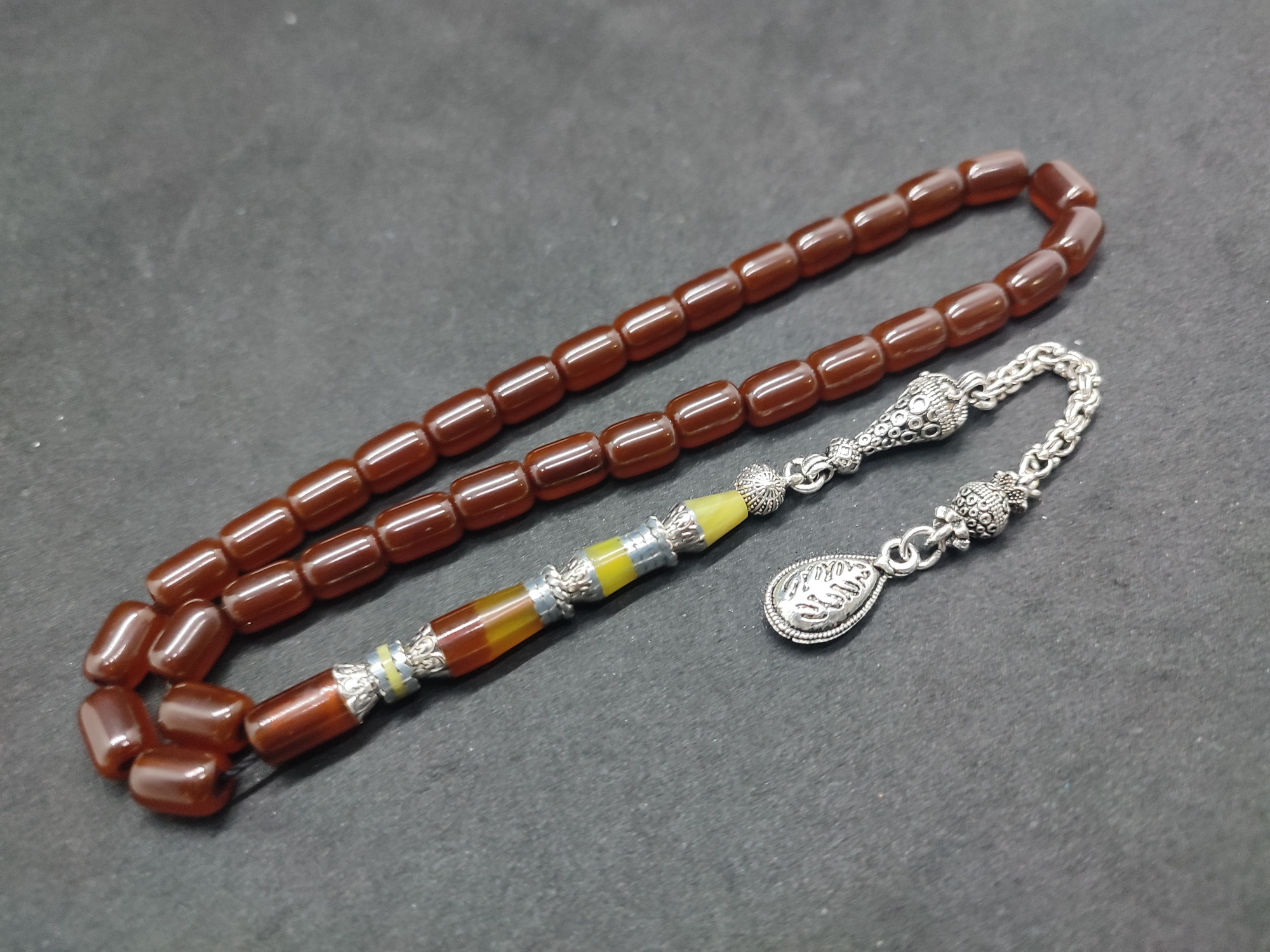 475 Ayar Gümüş Püskül 475 Ayar Gümüş Nakkaş Sıkma Kehribar Sertifikalı 9509 küçük resim 2