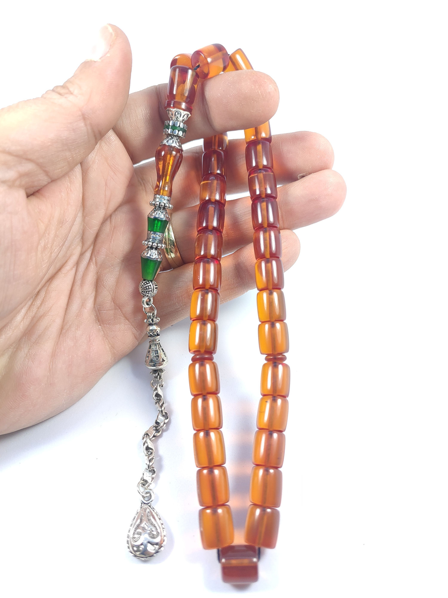 475 Ayar Gümüş Püskül 475 Ayar Gümüş Nakkaş Zar Kehribar Sertifikalı 9512 küçük resim 5