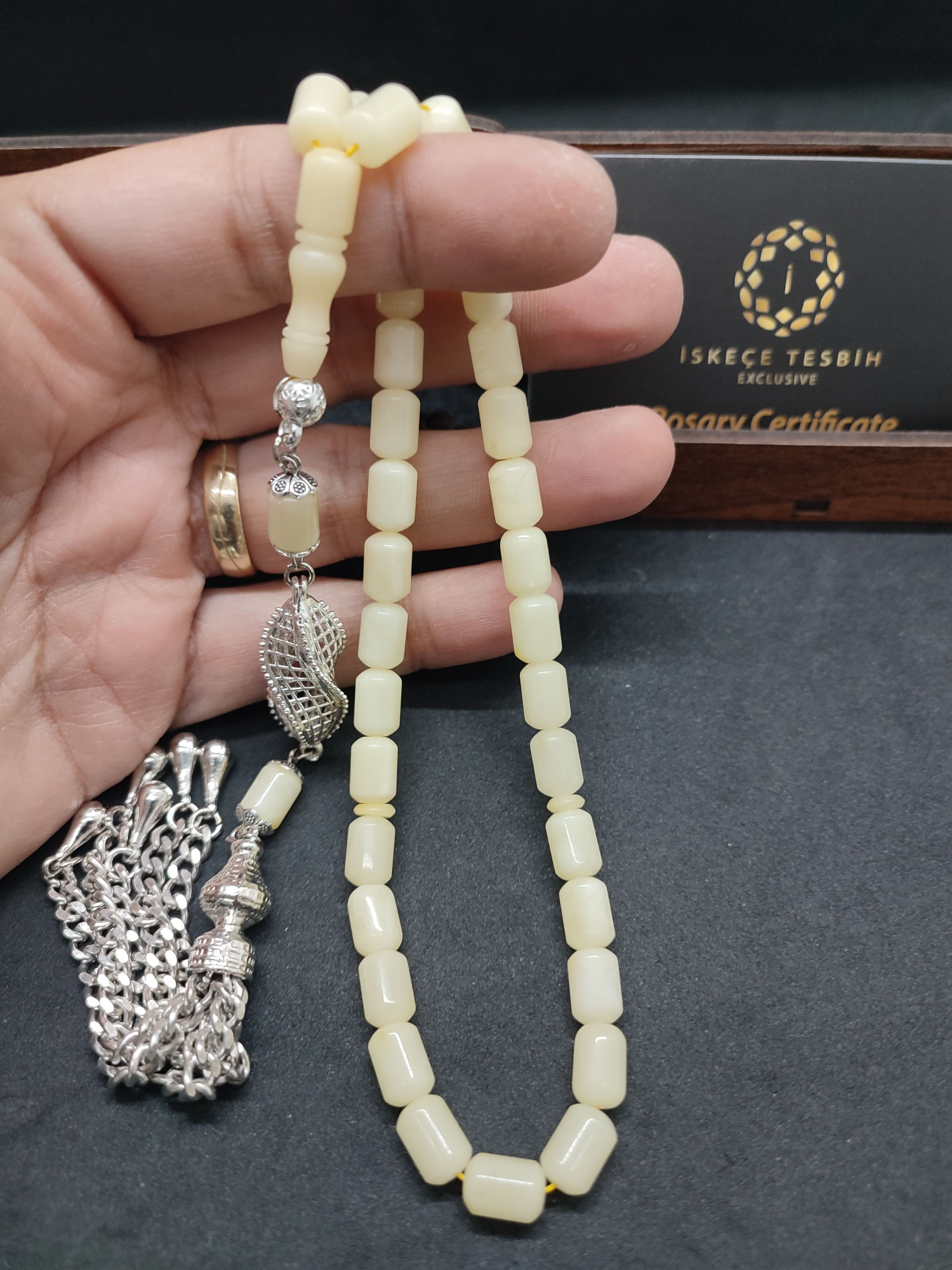 475 Ayar Gümüş Püsküllü El Boy Kalingrad White Amber 14.05 Gr.Sertifikalı 9628 küçük resim 3