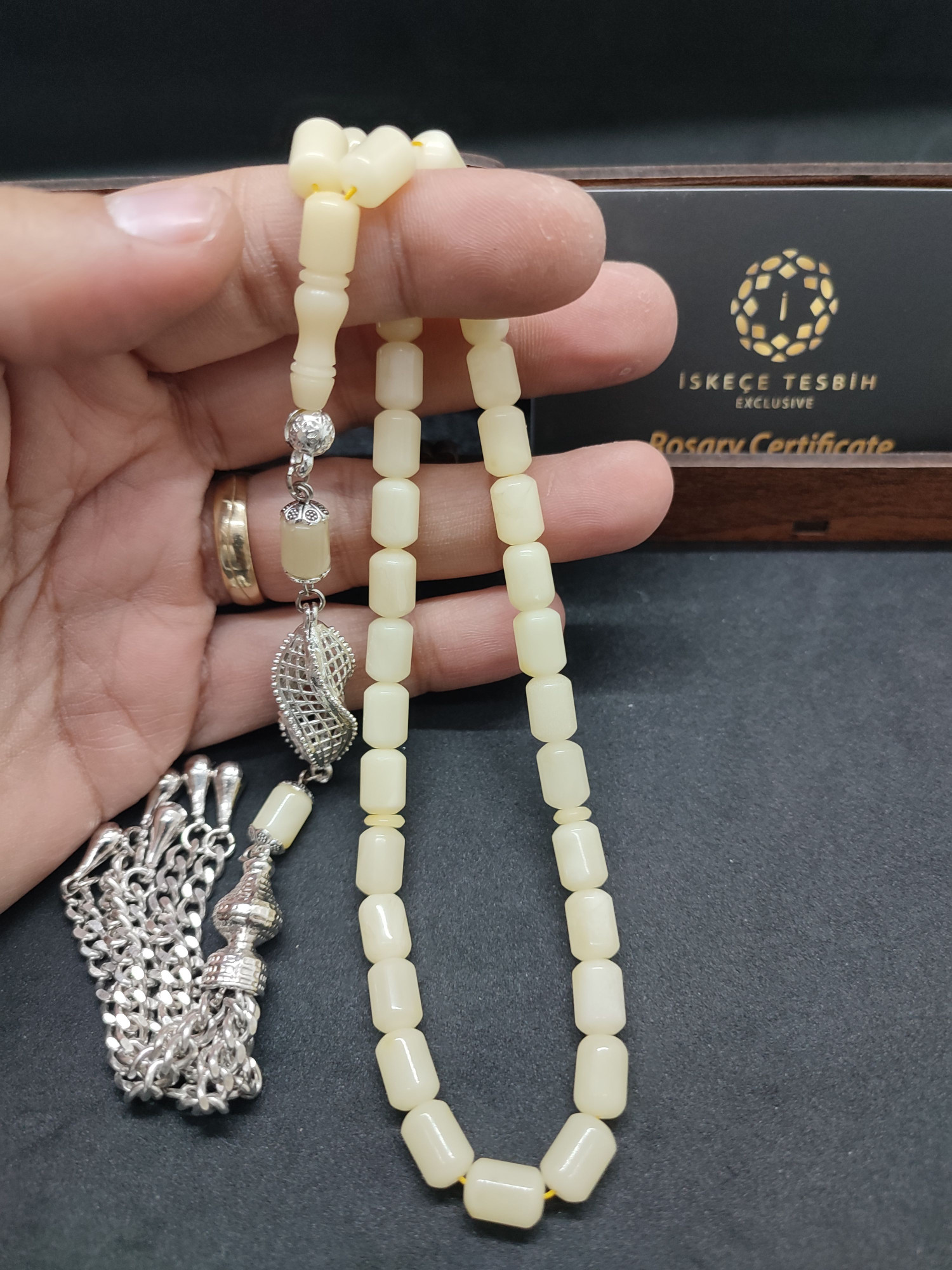 475 Ayar Gümüş Püsküllü El Boy Kalingrad White Amber 14.05 Gr.Sertifikalı 9628 küçük resim 5