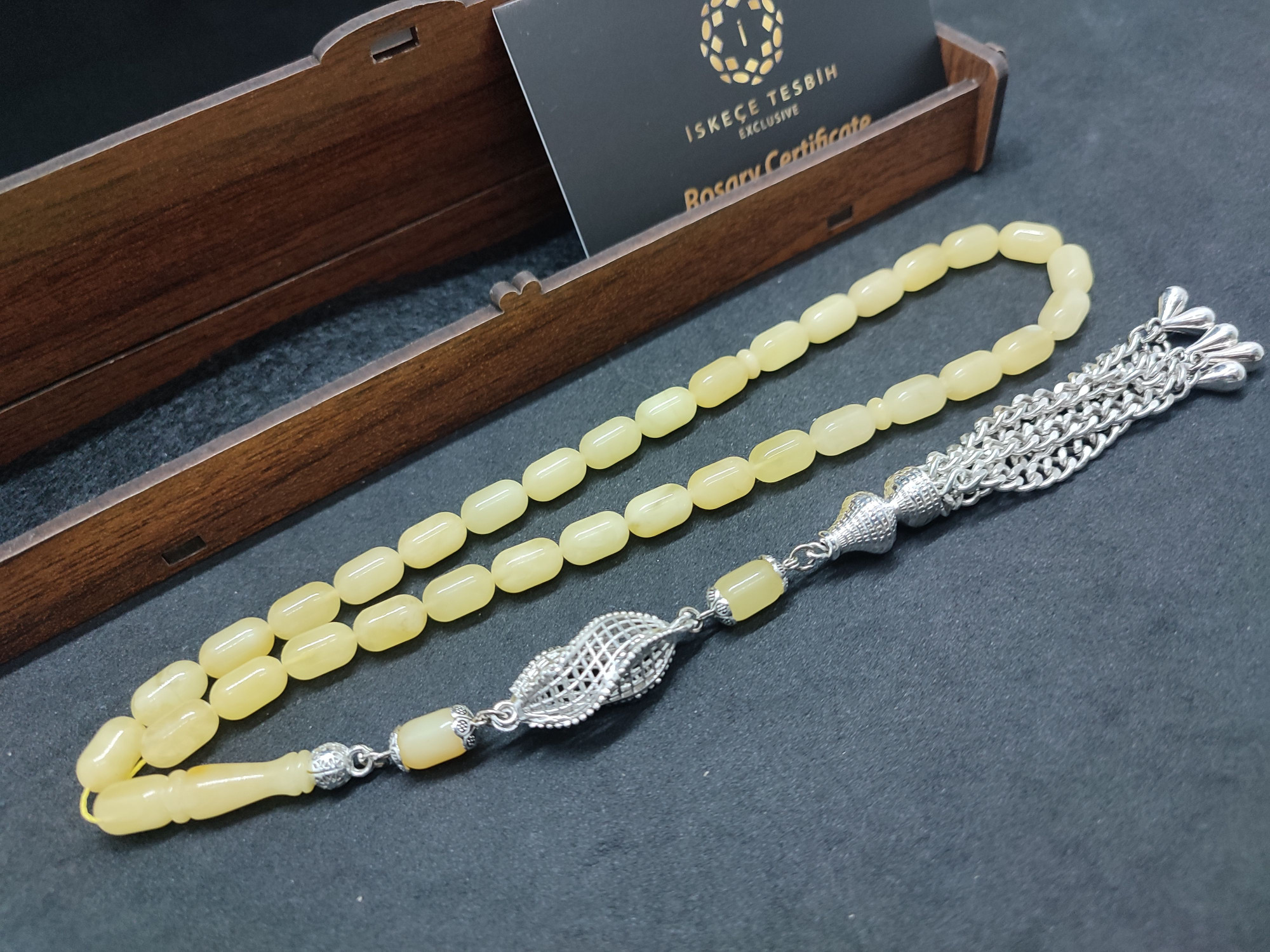 475 Ayar Gümüş Püsküllü El Boy Kalingrad White Amber 16.05 Gr.Sertifikalı 9629