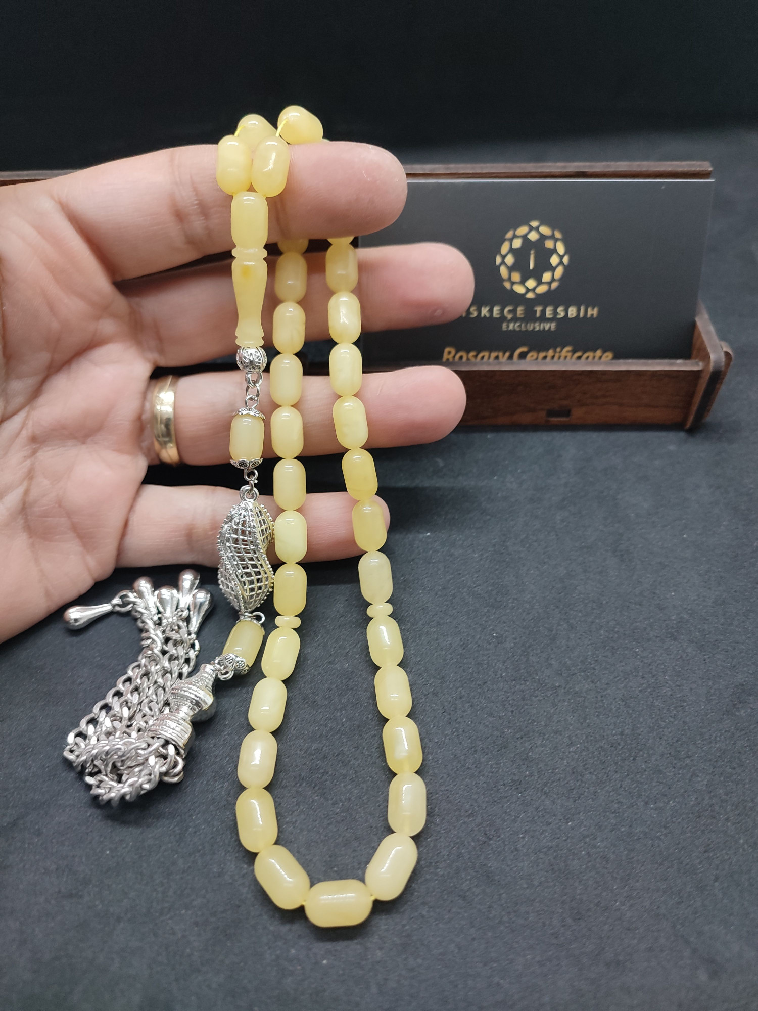 475 Ayar Gümüş Püsküllü El Boy Kalingrad White Amber 16.05 Gr.Sertifikalı 9629 küçük resim 3