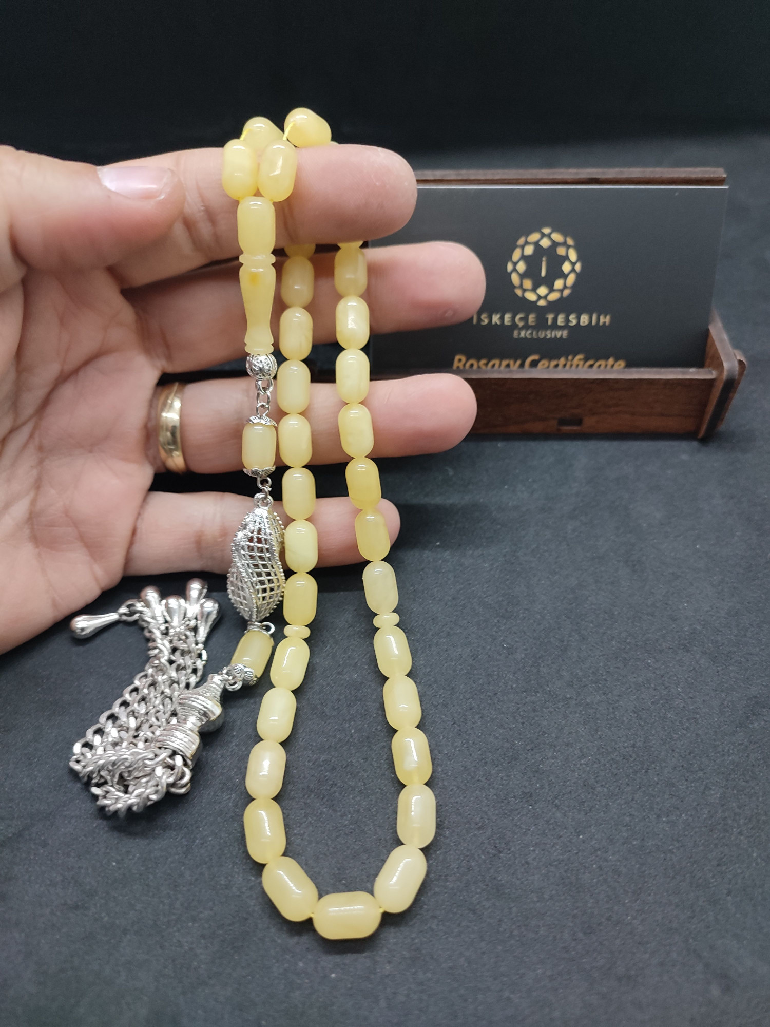 475 Ayar Gümüş Püsküllü El Boy Kalingrad White Amber 16.05 Gr.Sertifikalı 9629 küçük resim 5